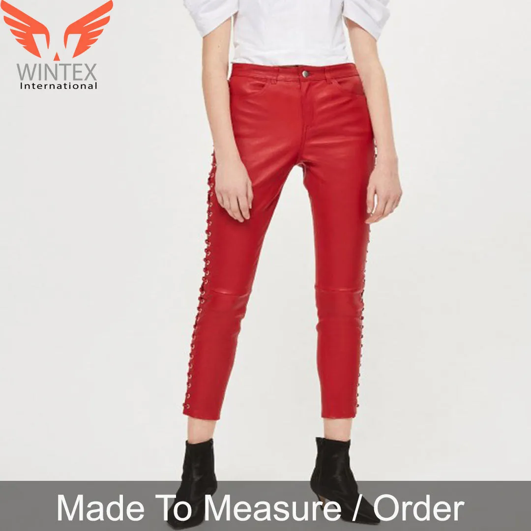 Women’s Real Leather Laces Up Slim Fit Pants – Sexy Side Laces Up Red Leather Pants