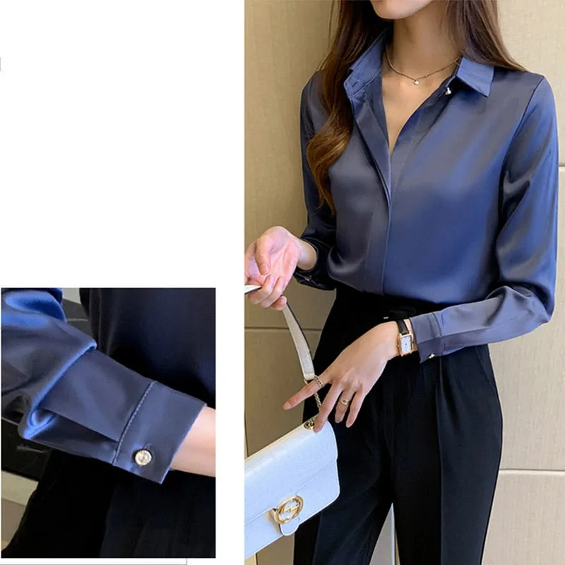 Women's Satin Blouse Pure Color Elegant Long Sleeve Shirt Button Top