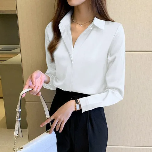 Women's Satin Blouse Pure Color Elegant Long Sleeve Shirt Button Top