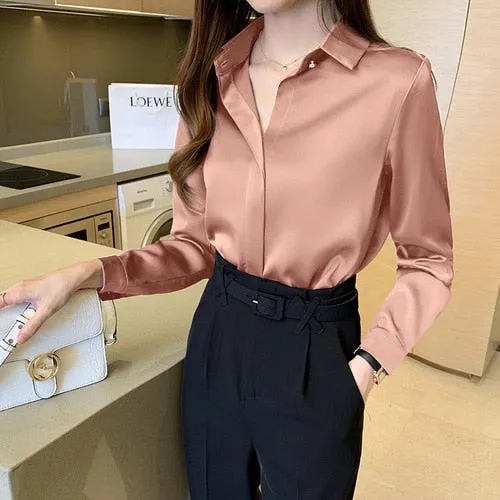 Women's Satin Blouse Pure Color Elegant Long Sleeve Shirt Button Top