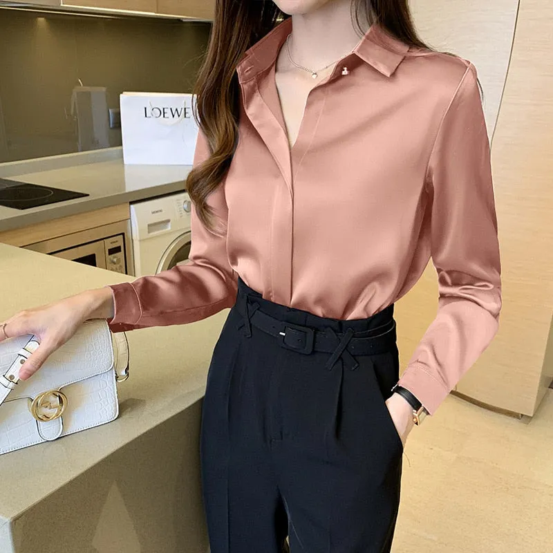 Women's Satin Blouse Pure Color Elegant Long Sleeve Shirt Button Top