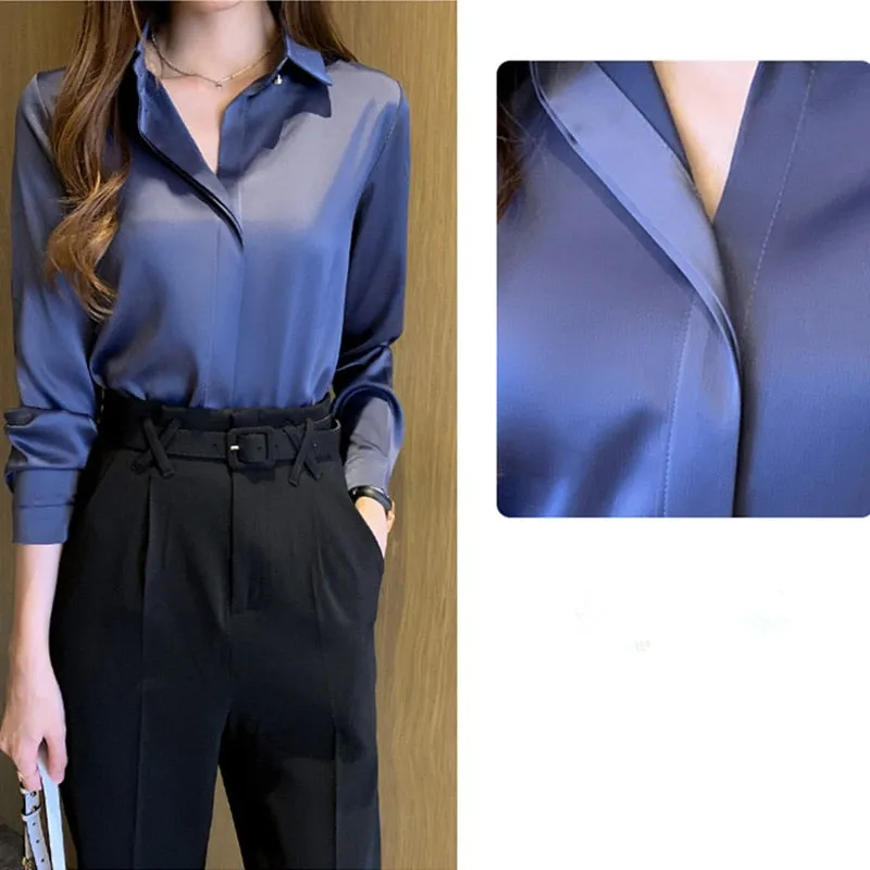 Women's Satin Blouse Pure Color Elegant Long Sleeve Shirt Button Top