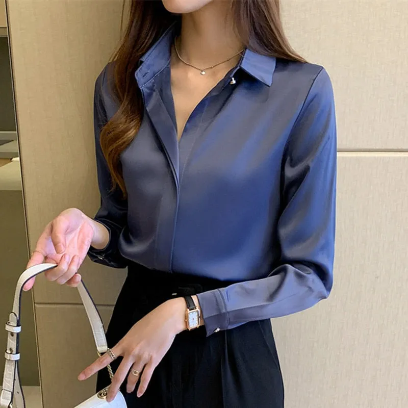 Women's Satin Blouse Pure Color Elegant Long Sleeve Shirt Button Top