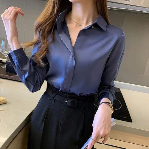 Women's Satin Blouse Pure Color Elegant Long Sleeve Shirt Button Top