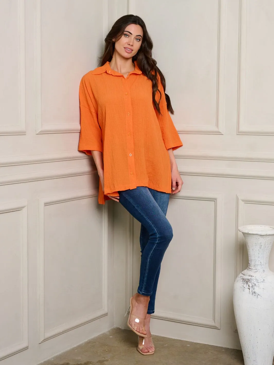 WOMEN'S SHORT SLEEVE BUTTON UP OVERSIZE TOP