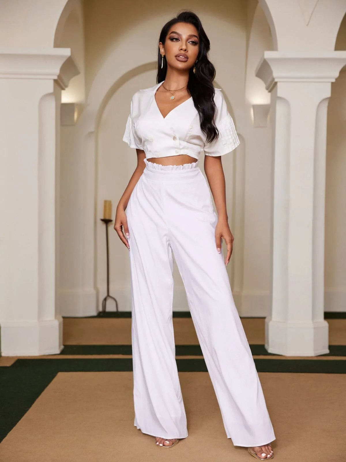 WOMEN'S SHORT SLEEVE CROP TOP & WIDE LEG PANTS 2PC. SET