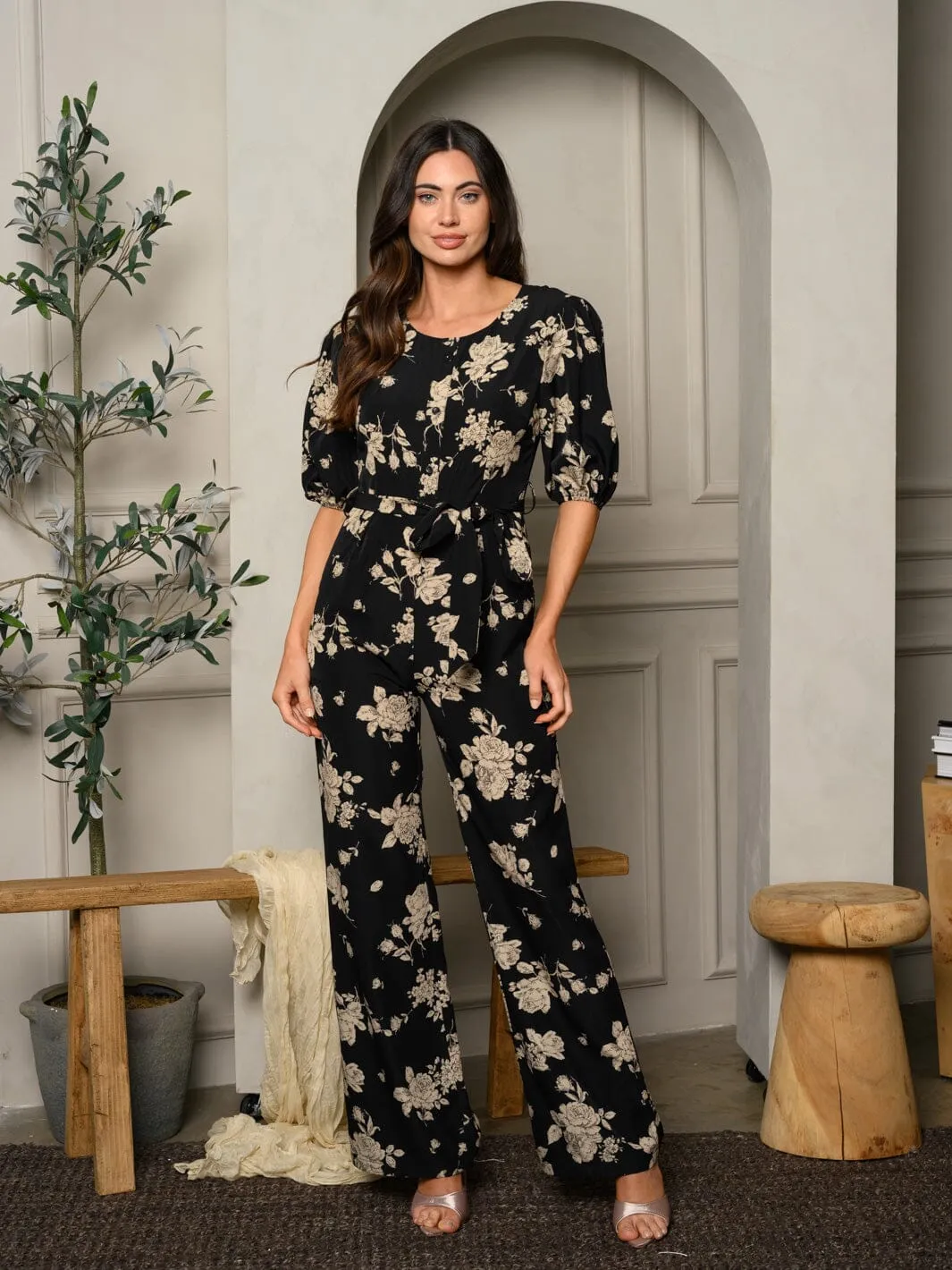 WOMEN'S SHORT SLEEVE FLORAL SELF TIE POCKETS JUMPSUIT