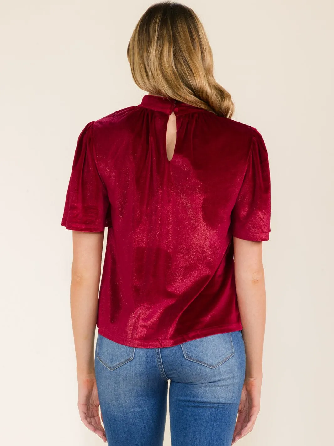 WOMEN'S SHORT SLEEVE MOCK NECK VELVET BLOUSE