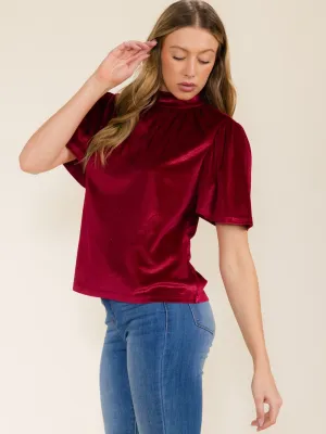 WOMEN'S SHORT SLEEVE MOCK NECK VELVET BLOUSE