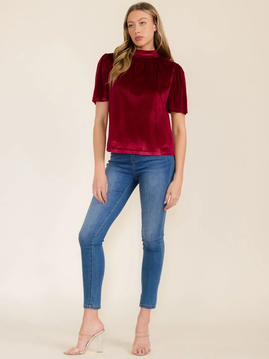 WOMEN'S SHORT SLEEVE MOCK NECK VELVET BLOUSE