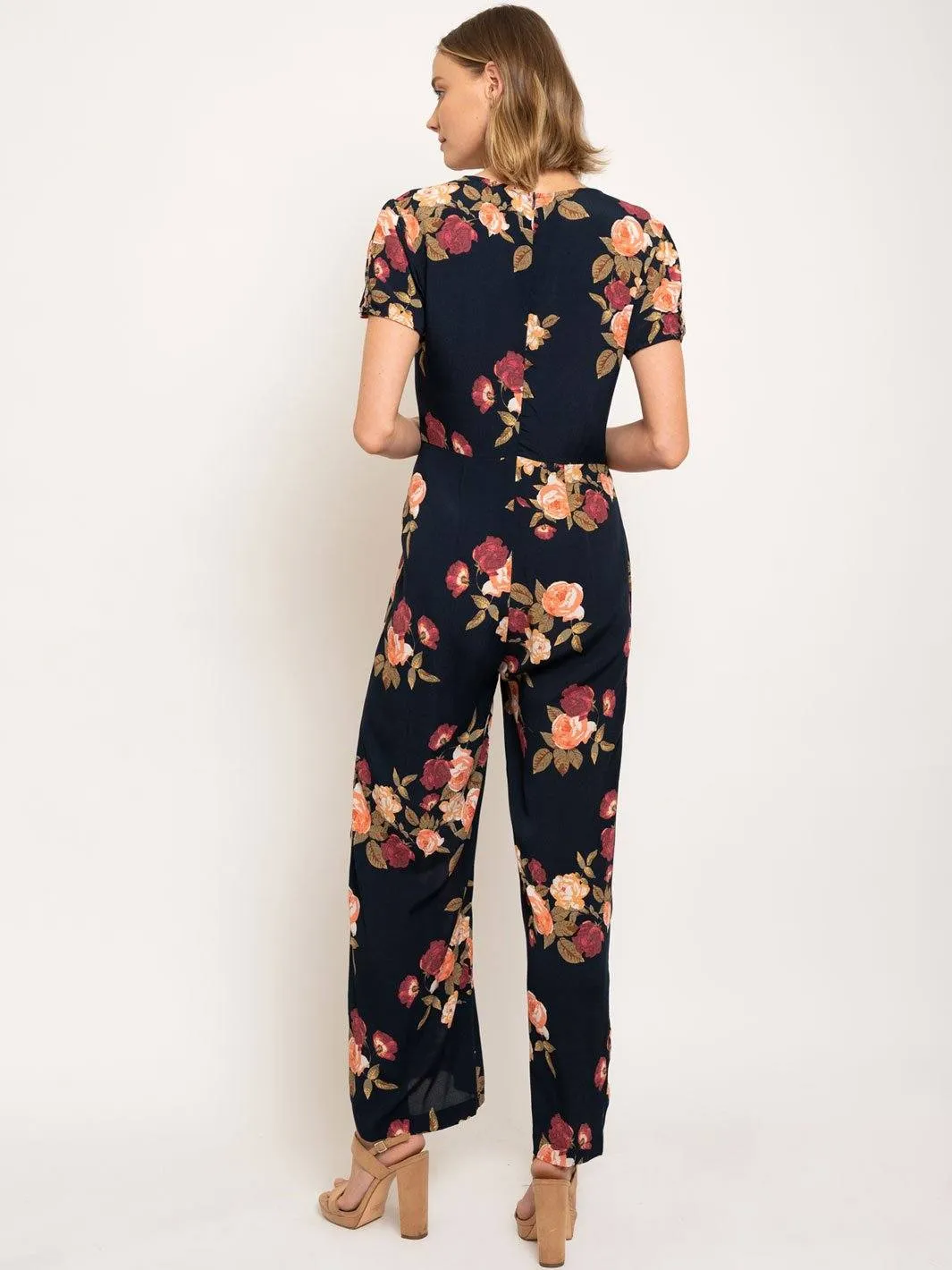 WOMEN'S SHORT SLEEVE V-NECK BUTTON CLOSURE WIDE LEG FLORAL JUMPSUIT