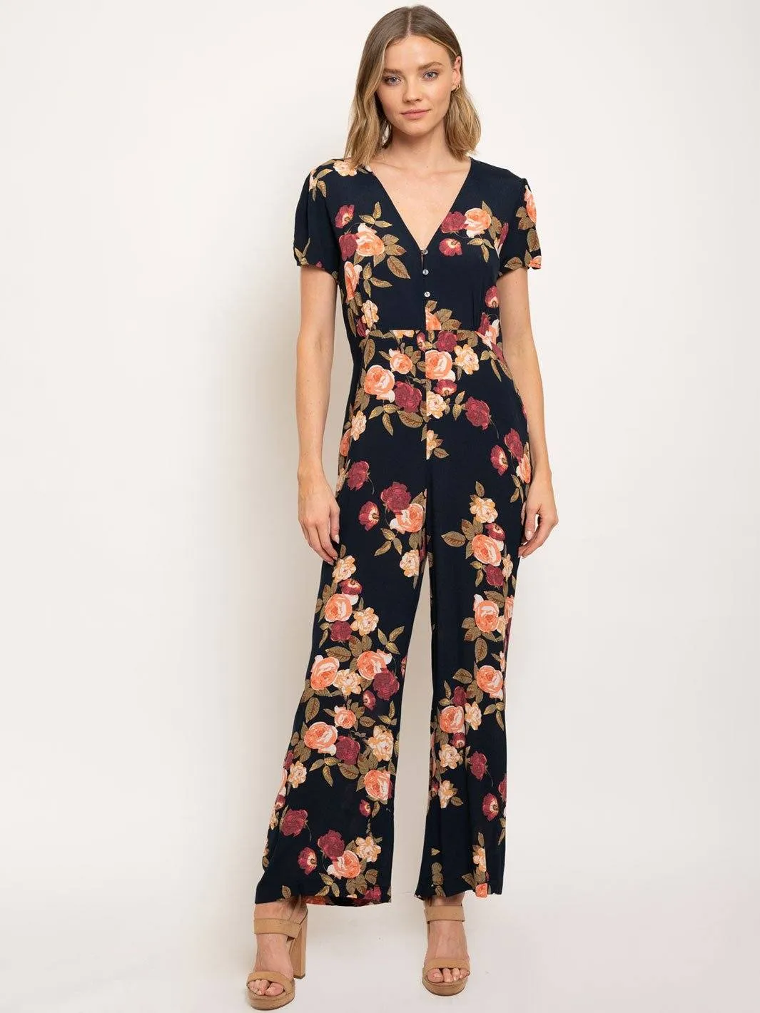 WOMEN'S SHORT SLEEVE V-NECK BUTTON CLOSURE WIDE LEG FLORAL JUMPSUIT