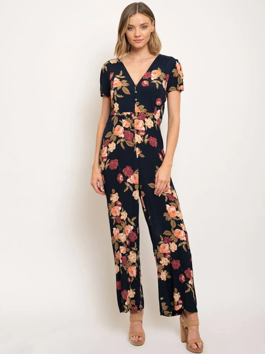 WOMEN'S SHORT SLEEVE V-NECK BUTTON CLOSURE WIDE LEG FLORAL JUMPSUIT