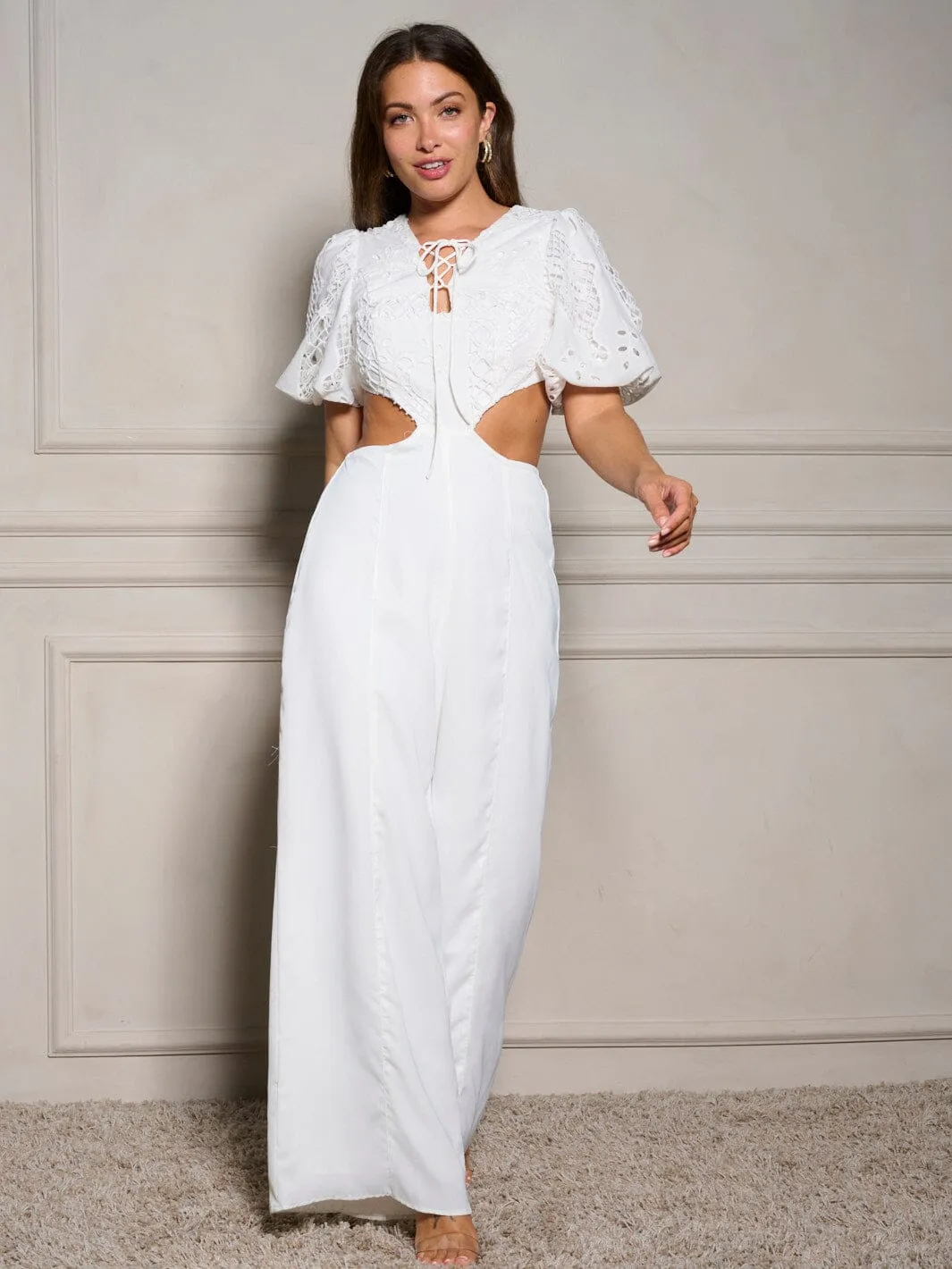 WOMEN'S SHORT SLEEVE V-NECK CUT OUT WIDE LEG JUMPSUIT