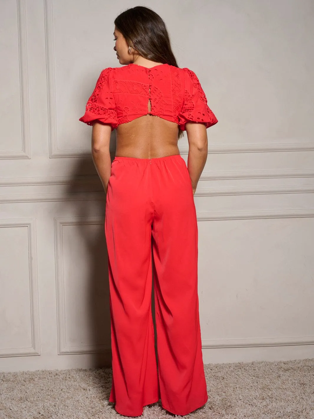 WOMEN'S SHORT SLEEVE V-NECK CUT OUT WIDE LEG JUMPSUIT