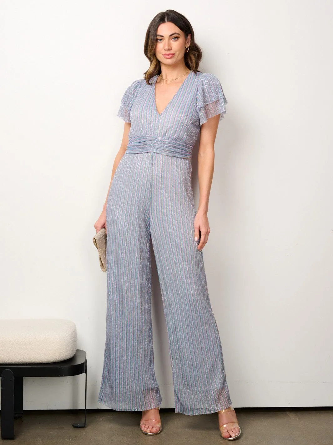 WOMEN'S SHORT SLEEVE V-NECK WIDE LEG SHIMMER JUMPSUIT