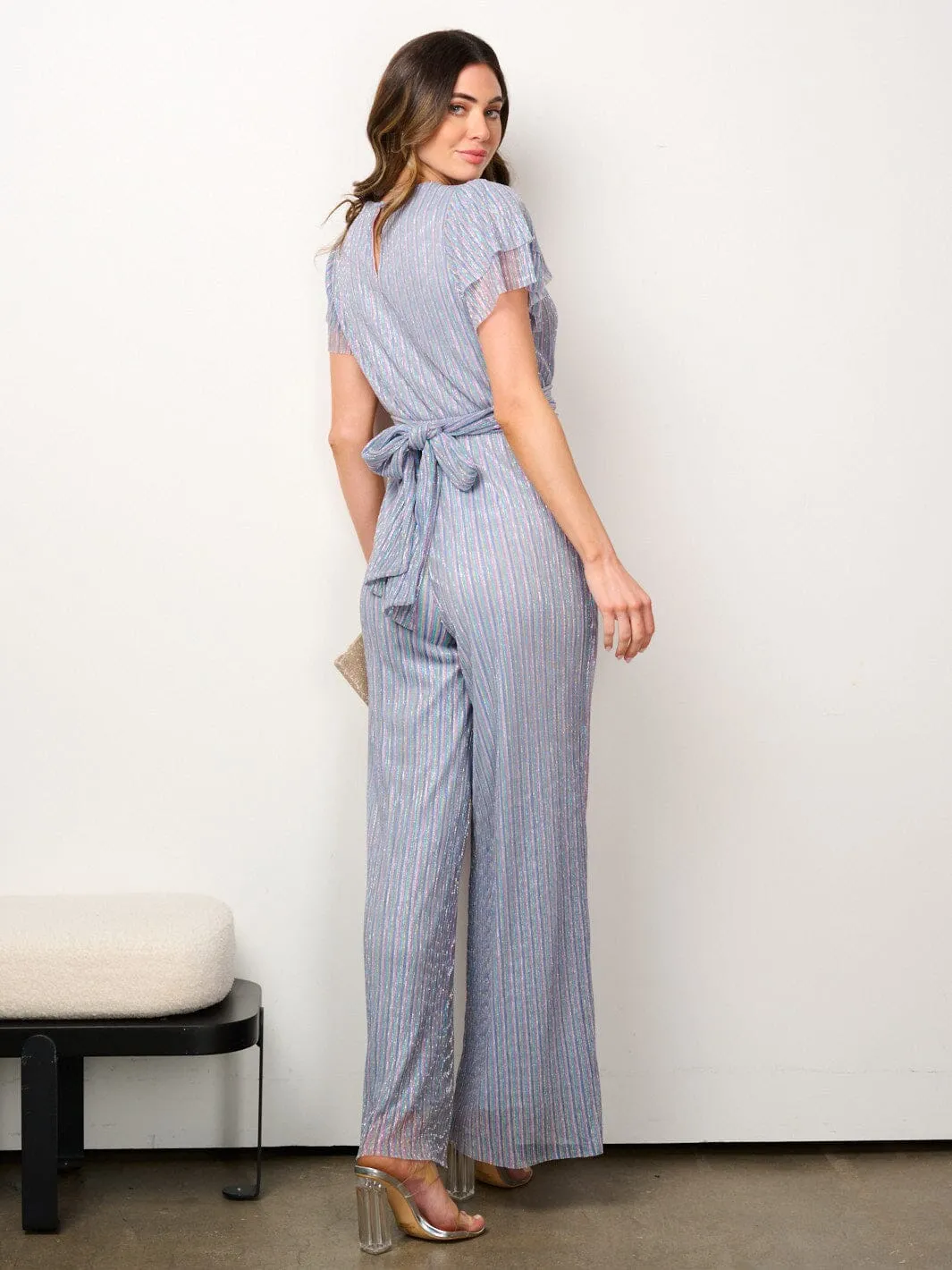 WOMEN'S SHORT SLEEVE V-NECK WIDE LEG SHIMMER JUMPSUIT