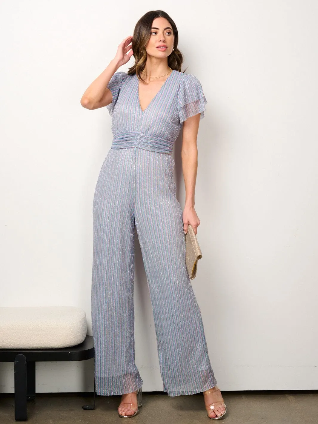 WOMEN'S SHORT SLEEVE V-NECK WIDE LEG SHIMMER JUMPSUIT