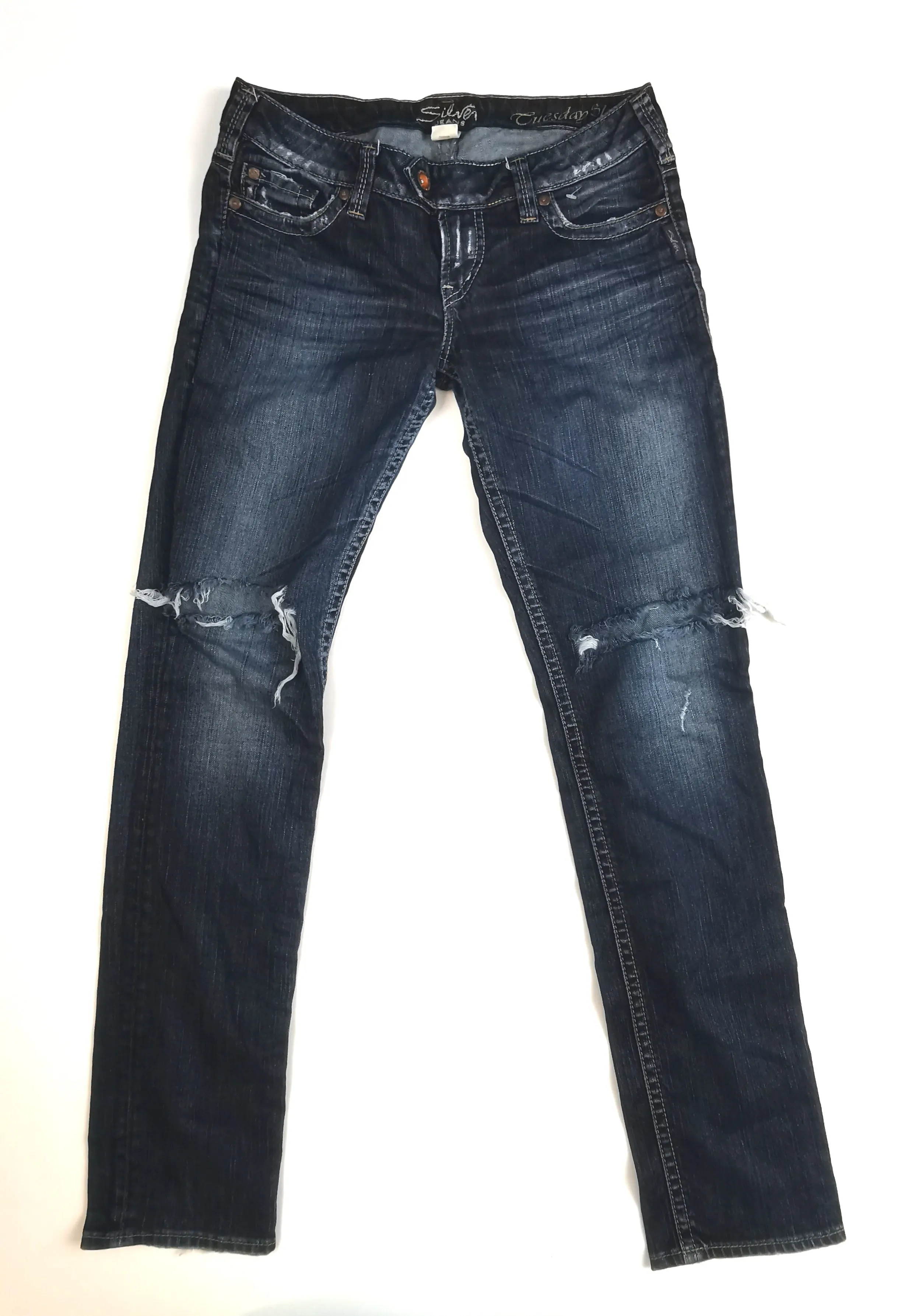 WOMENS SIZE W28/L33  - SILVER JEANS, Tuesday Style, Low rise, Boot-cut, Ripped Knees EUC B6