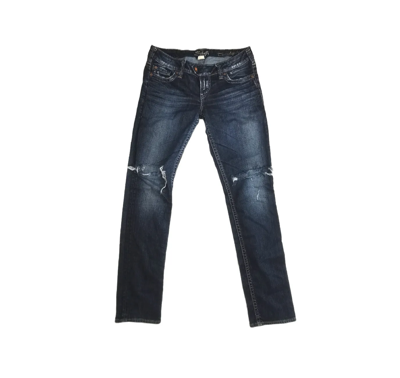 WOMENS SIZE W28/L33  - SILVER JEANS, Tuesday Style, Low rise, Boot-cut, Ripped Knees EUC B6