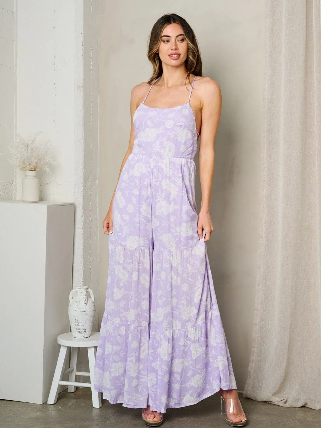 WOMEN'S SLEEVELESS BELL LEG FLORAL JUMPSUIT