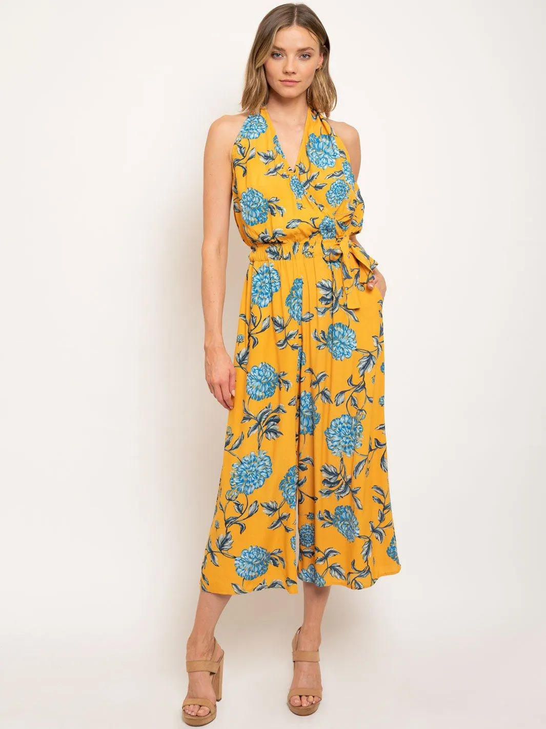 WOMEN'S SLEEVELESS HALTER NECK OPEN BACK FLORAL EIDE LEG JUMPSUIT