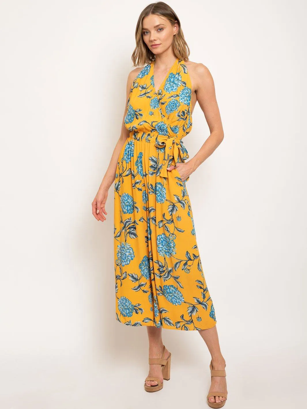 WOMEN'S SLEEVELESS HALTER NECK OPEN BACK FLORAL EIDE LEG JUMPSUIT