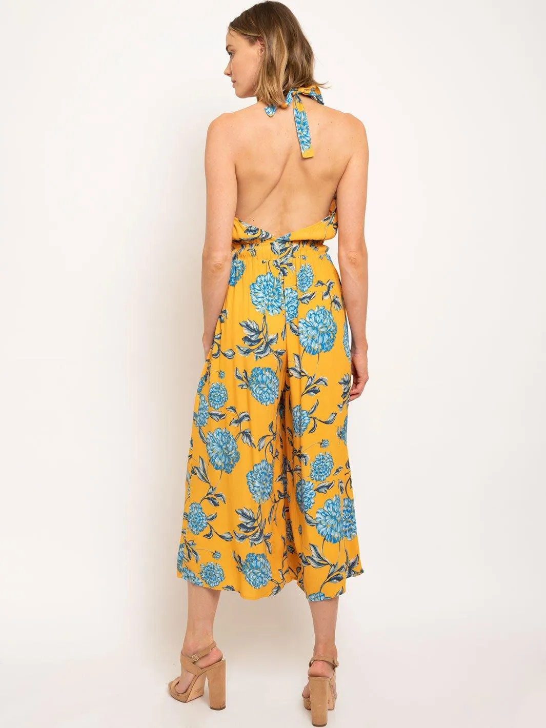 WOMEN'S SLEEVELESS HALTER NECK OPEN BACK FLORAL EIDE LEG JUMPSUIT