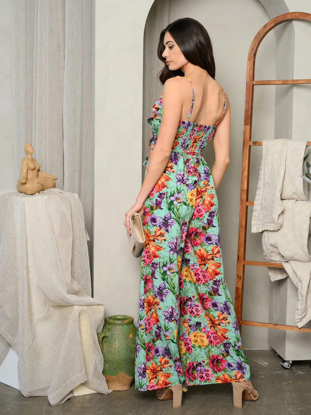 WOMEN'S SLEEVELESS V-NECK RUFFLE FLORAL JUMPSUIT