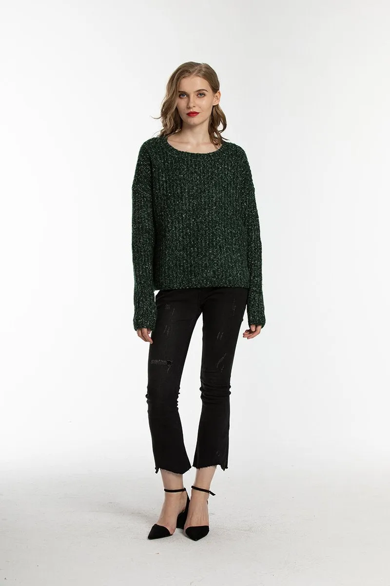 Woolen Bloom Women Loose Knit Sweater Oversized Knitted Pullovers for Women Melange Sweaters Thick Warm