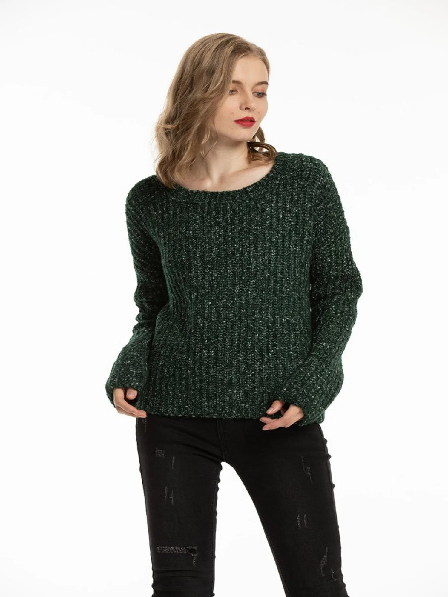 Woolen Bloom Women Loose Knit Sweater Oversized Knitted Pullovers for Women Melange Sweaters Thick Warm