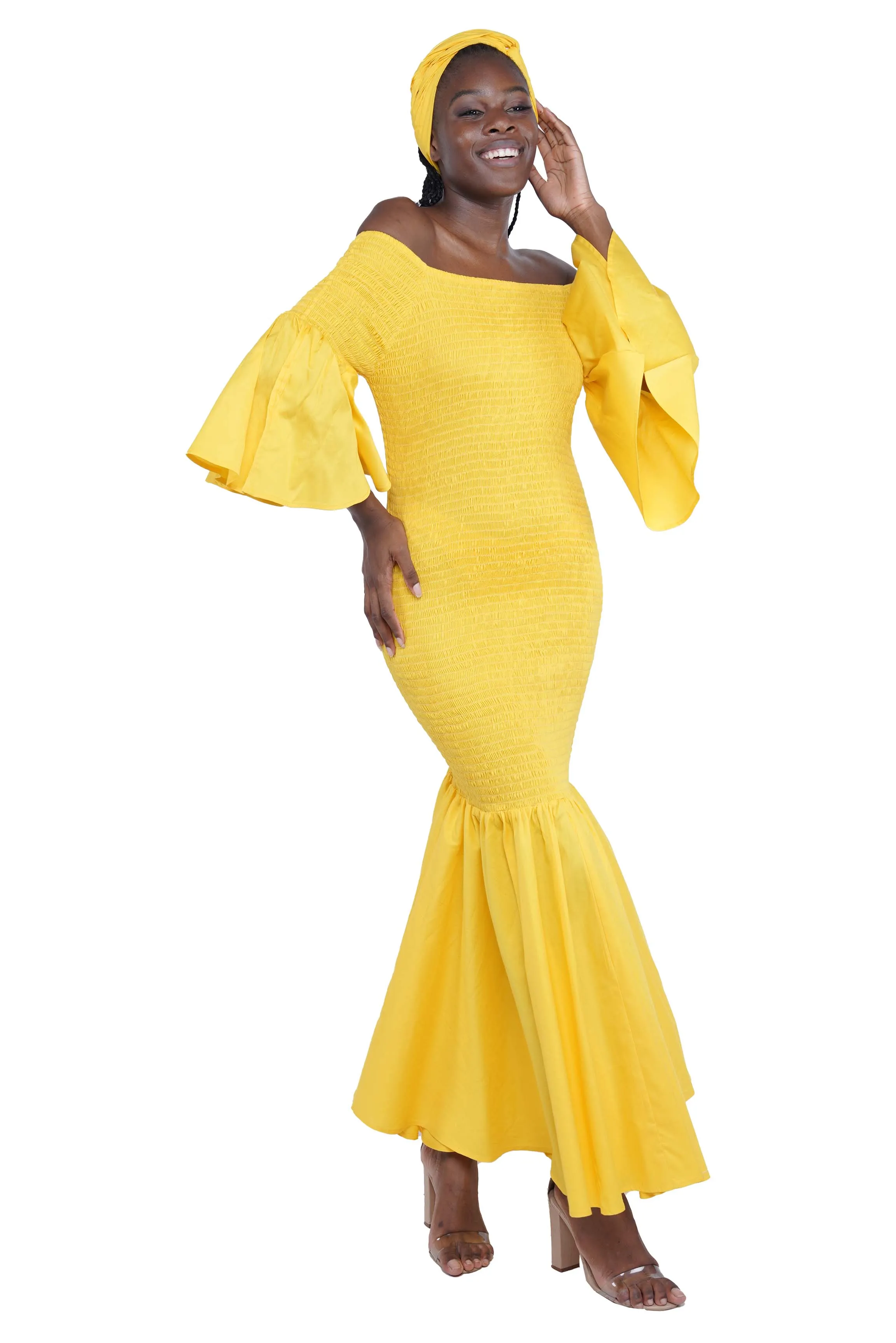 Yellow Long Smocked Mermaid/Fish Tail Dress