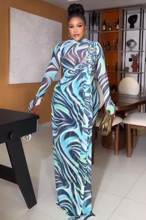 Zebra Print Semi-Sheer Long Sleeve Sash Party Maxi Dresses-Blue [Pre Order]