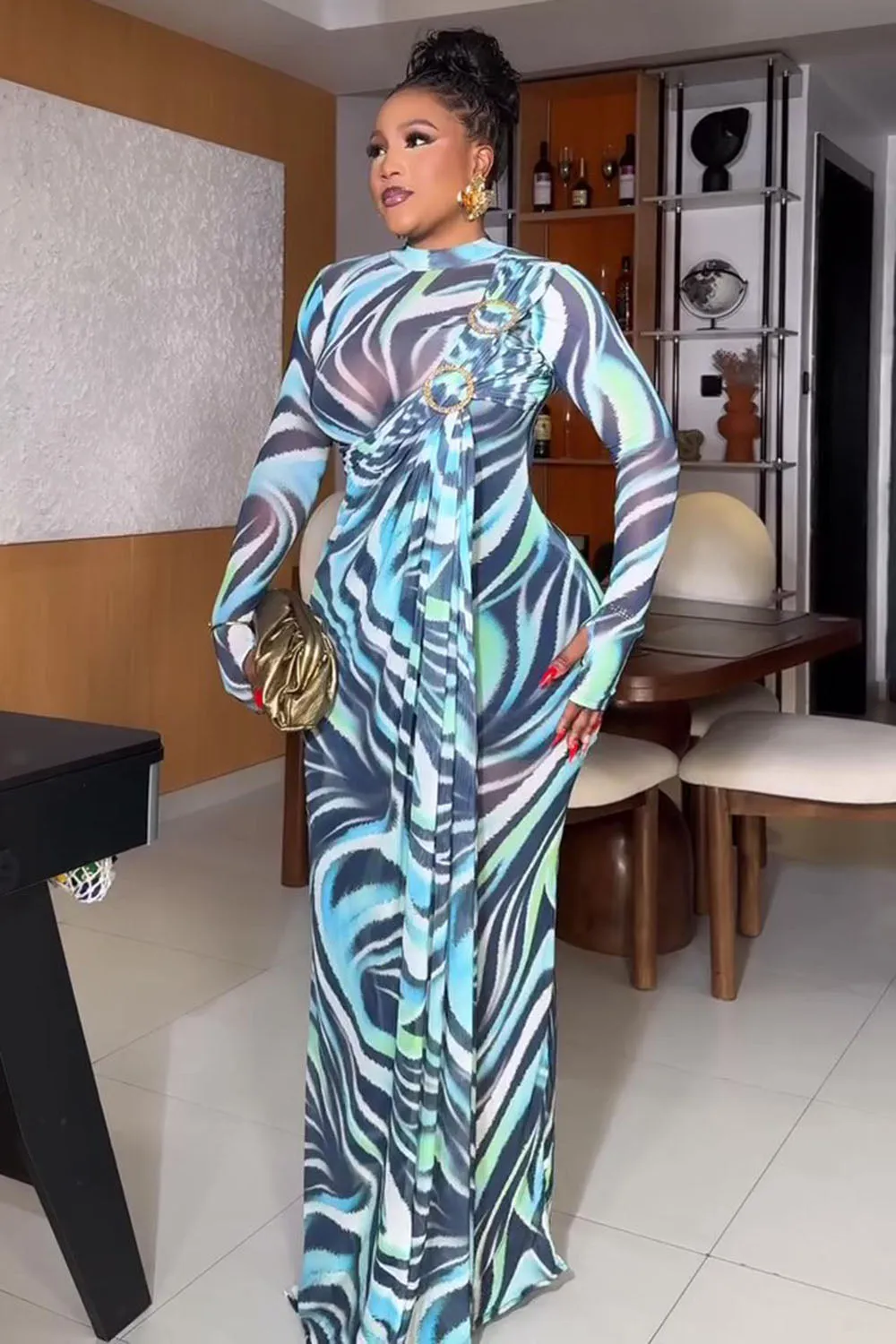 Zebra Print Semi-Sheer Long Sleeve Sash Party Maxi Dresses-Blue [Pre Order]