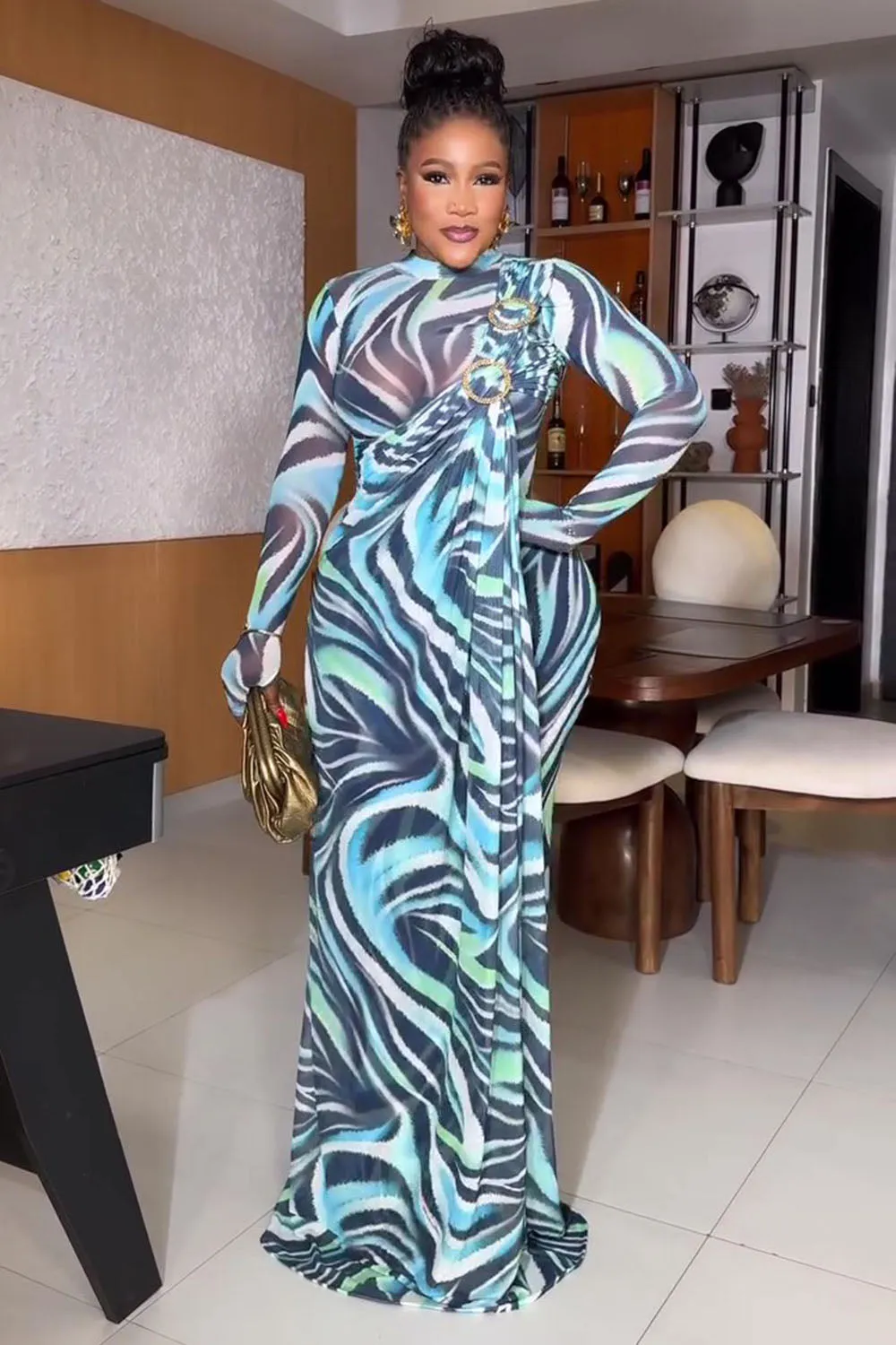 Zebra Print Semi-Sheer Long Sleeve Sash Party Maxi Dresses-Blue [Pre Order]
