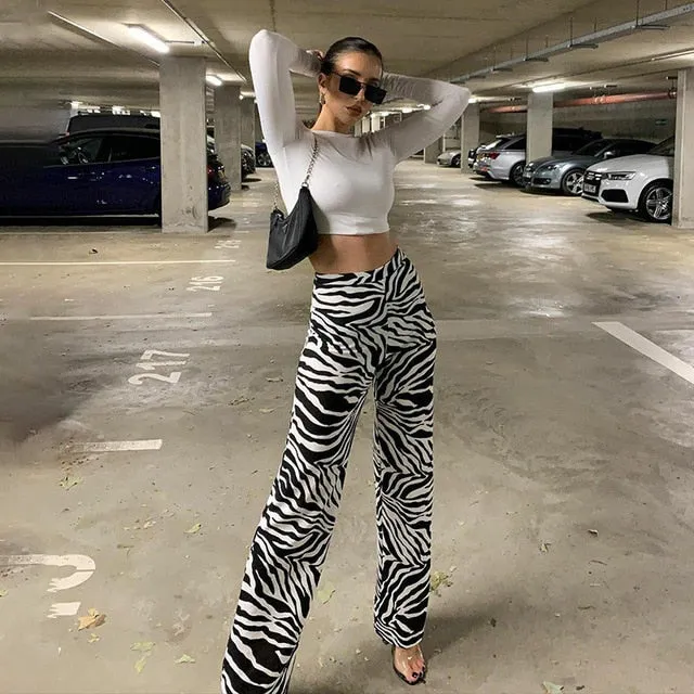 Zebra Print Wide Leg Pants Trousers Sexy High Waist Casual Streetwear