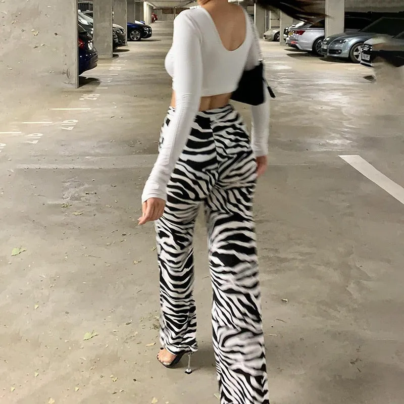 Zebra Print Wide Leg Pants Trousers Sexy High Waist Casual Streetwear