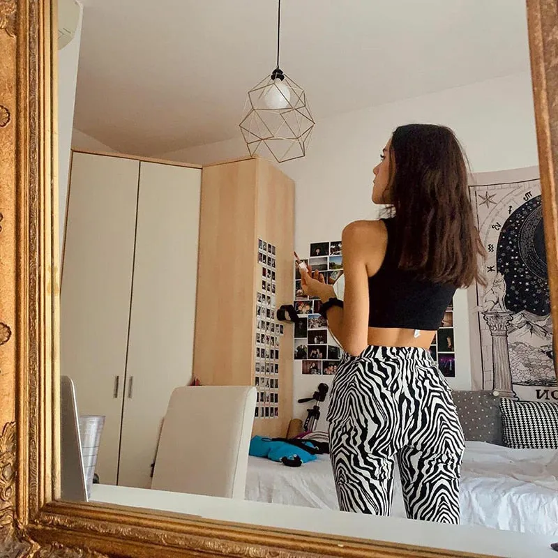 Zebra Print Wide Leg Pants Trousers Sexy High Waist Casual Streetwear