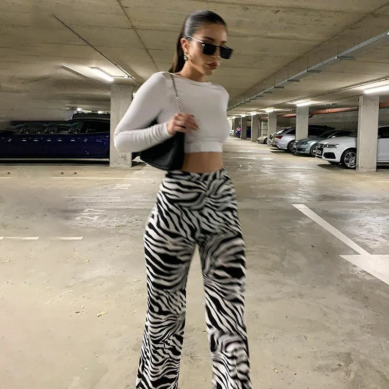 Zebra Print Wide Leg Pants Trousers Sexy High Waist Casual Streetwear